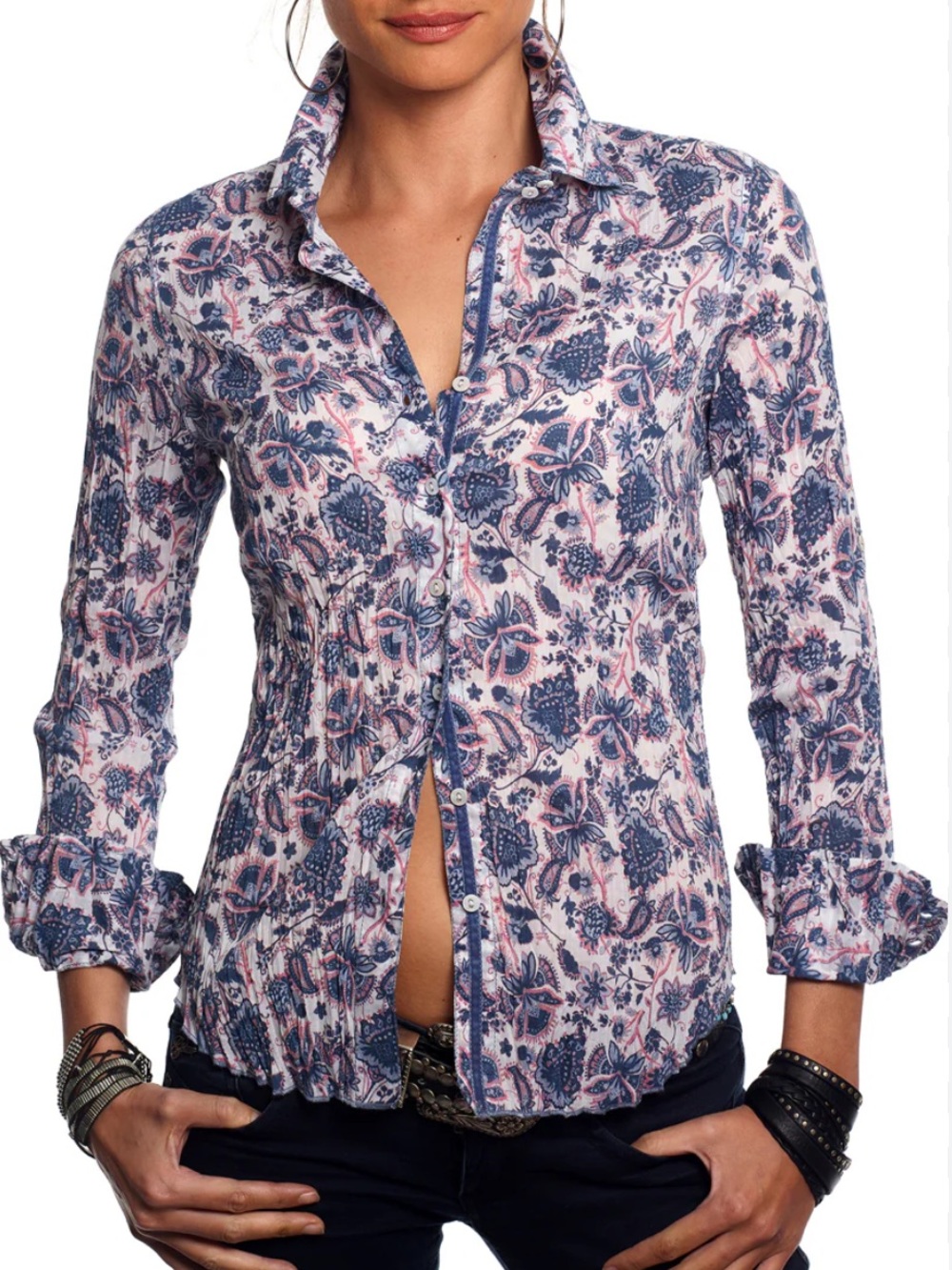 Cino Marrakech Vintage Blue Crinkled Cotton Button Down Shirt Size L